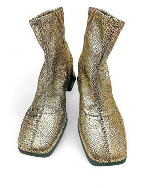 Katy Perry Lolette Gold Metallic Stretch Ankle Block Heel Square Boots NWOB 7.5